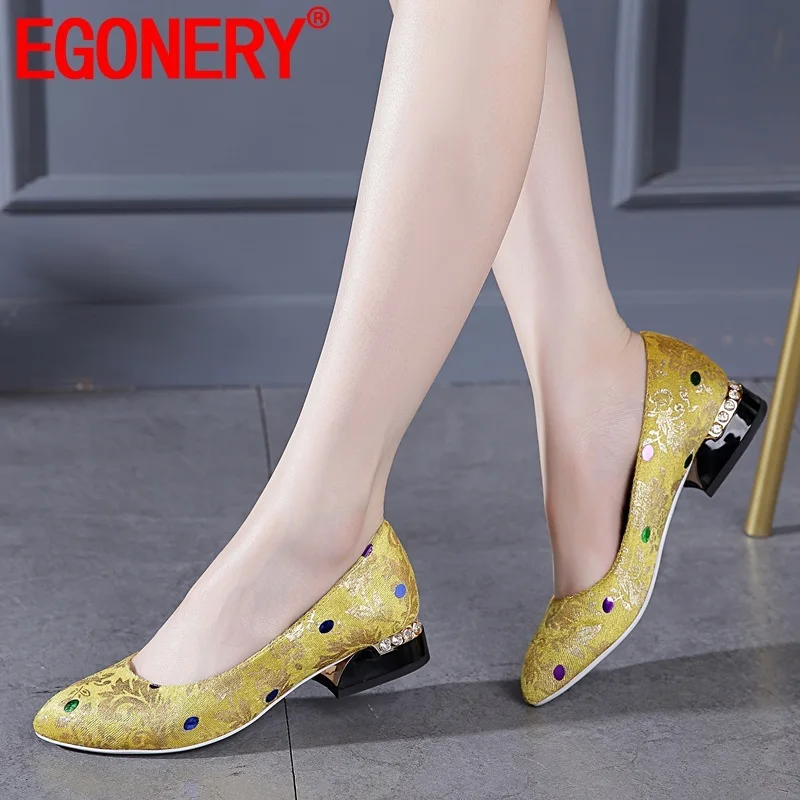 EGONERY новые модные женские туфли-лодочки на весну-осень женская обувь без застежки на низком каблуке с круглым носком, украшенная кристаллами Прямая поставка, размеры 34-43