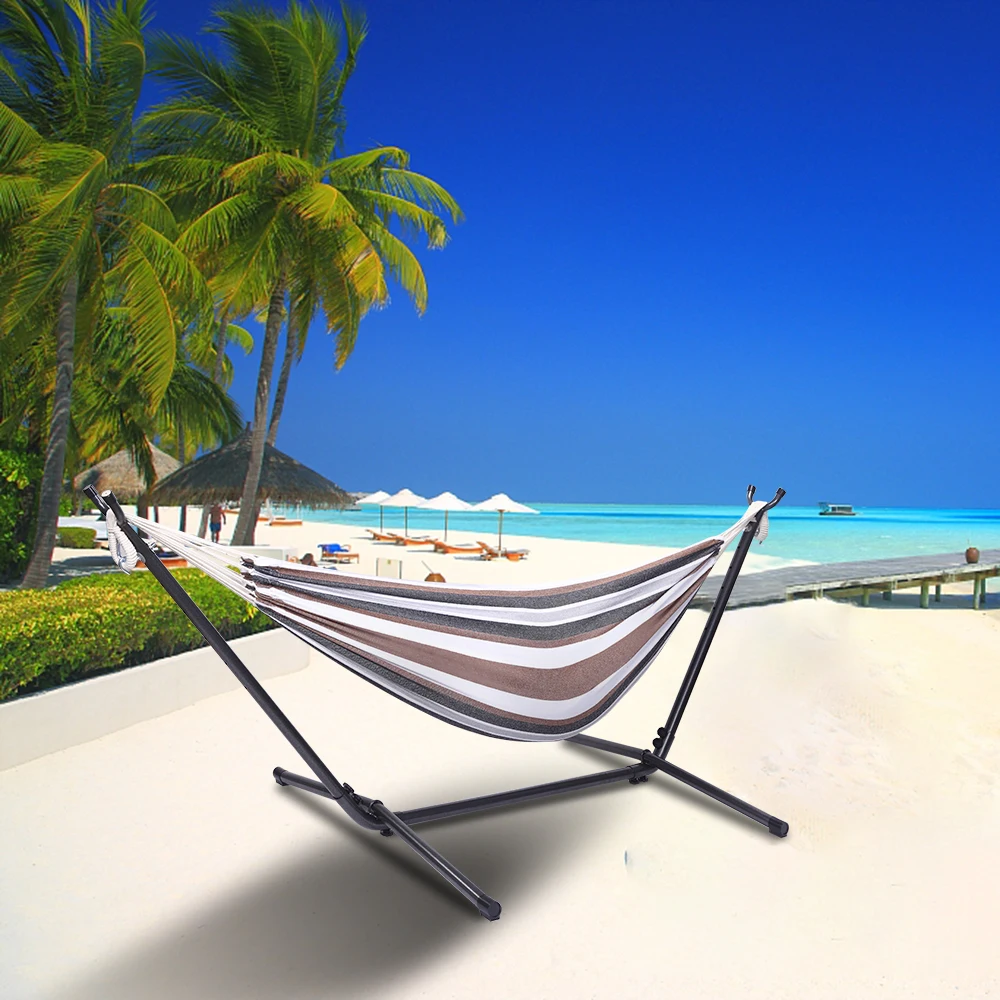 

(US) Outdoor Portable Coffee Stripe Polyester Hammock Set with Stand Dropshipping