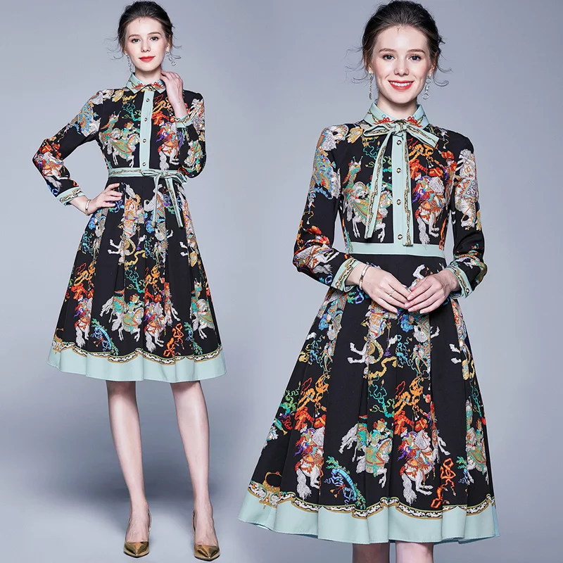 

2019 Spring Summer Fall Runway Baroque Floral Print Bow Tie Neck Long Sleeve Empire Waist Women Ladies' Casual A-Line Midi Dress