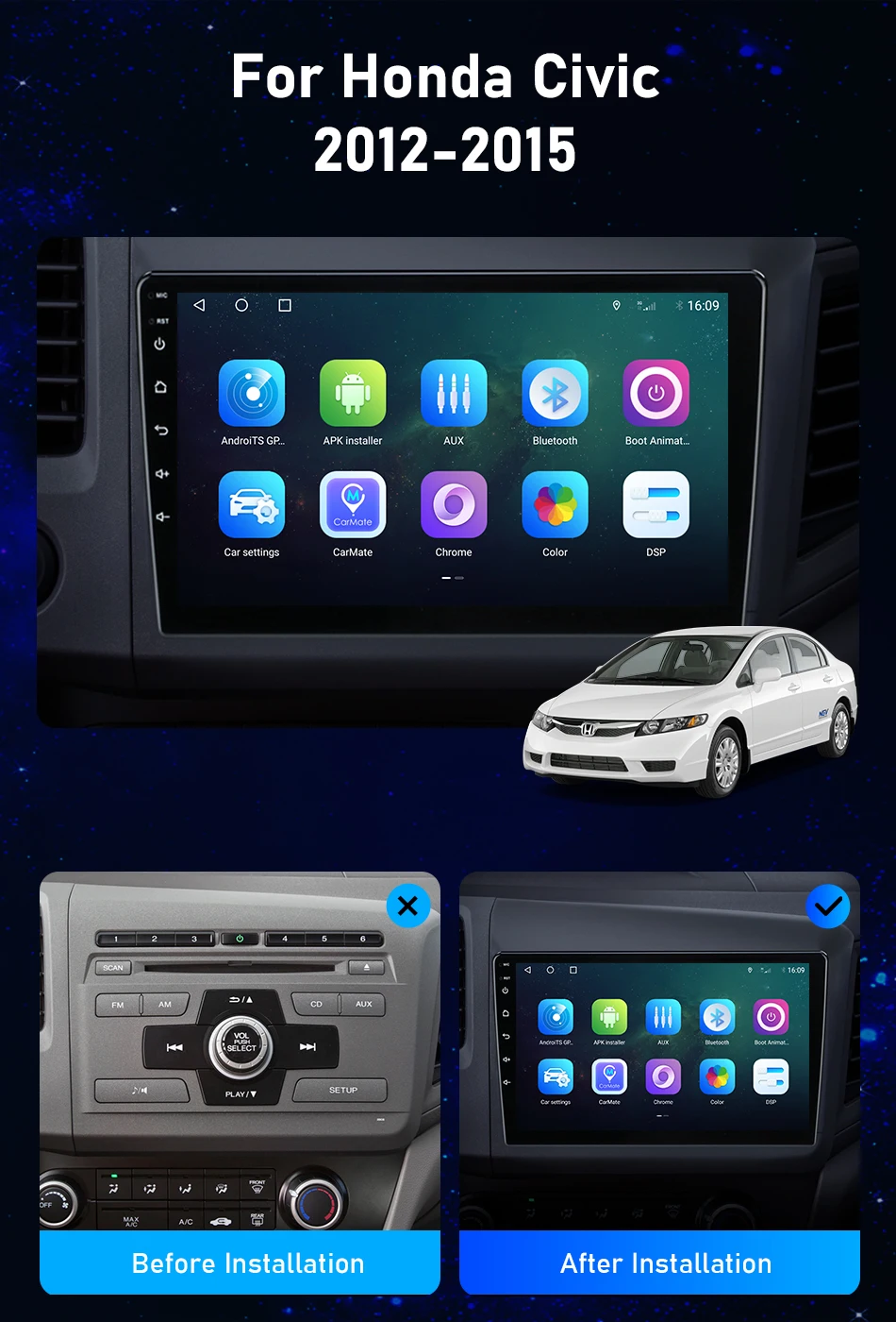 For Honda Civic 2012-2015 Android Car Radio 2 Din GPS navigation Multimedia Video Player RDS DSP 4G DVD Screen Floating stereo