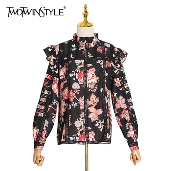 

TWOTWINSTYLE Vintage Print Ruffle Shirts For Women Stand Collar Long Sleeve Hollow Out Shirt Female Clothing 2020 Spring Fashion