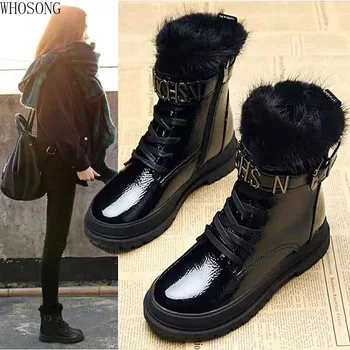 

Waterproof leather Snow Boots Woman Short Boots Mink Hair 2020 Women Long Plush Warm Shoes Platforms Heel Footware Buckle Black