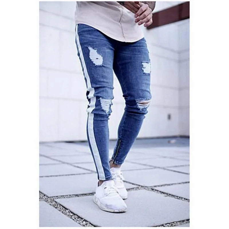 light blue 2 Новинка, модные уличные мужские джинсы, рваные, дизайнерские брюки-карандаш, облегающие мужские джинсы полной длины - Цвет: light blue 2