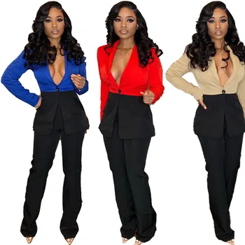 

Stitching Two Piece Suits 's Casual Office Women Pant Suits Full Notched Single Button Regular Polyester Cotton