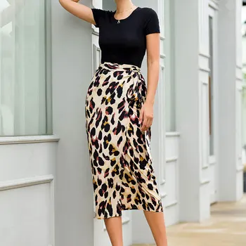 

Casual A-Line Leopard Printing Skirt Knee Length High Waist with Sashes Women Slimming XL 2020 Autumn New Arrival Fashion