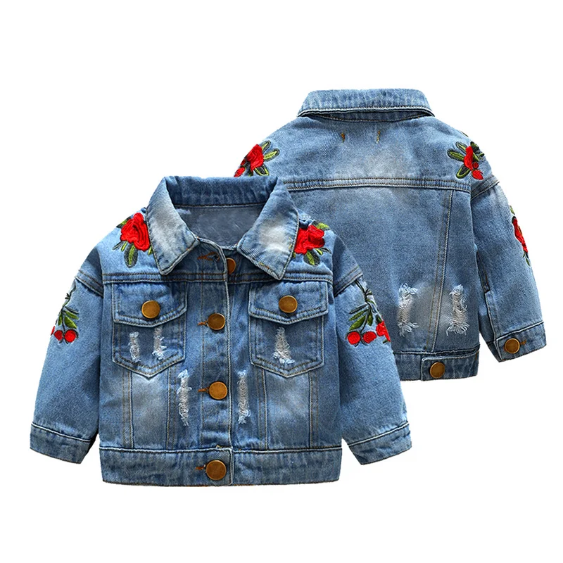2020 Spring and Autumn Baby Girls Denim Jackets Coats Flower Embroidery Fashion Children Outwear