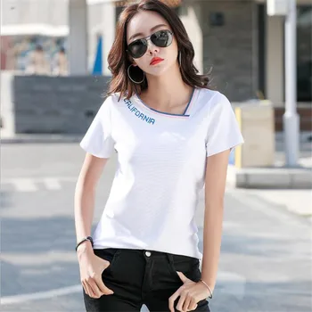 

2020 Summer T Shirt For Women Letters Printed Casual Short Sleeve tshirts Hipster Tops Tee Female Irregular Collar Streetwear