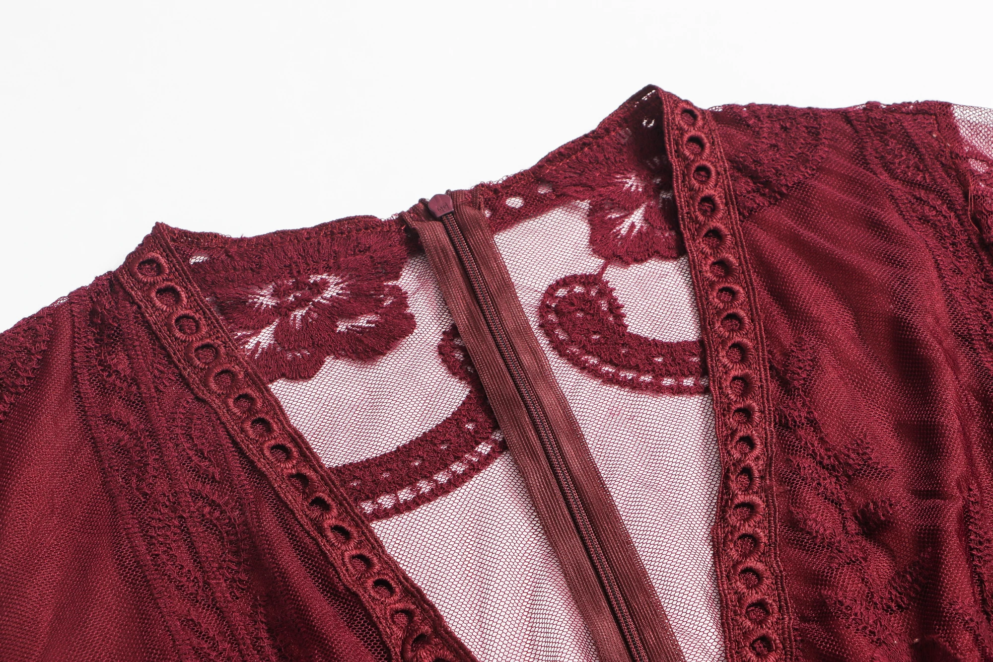 Женское Бордовое платье с v-образным вырезом, с кружевами, с глубоким v-образным вырезом, с коротким рукавом, с кружевами, с вышитыми цветами