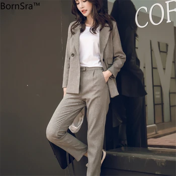 

BornSra 2020 New Women Suit Gray Casual Blazer & High Waist Pant Office Lady Notched Jacket Pant Suits Korean Femme 2 Pieces Set
