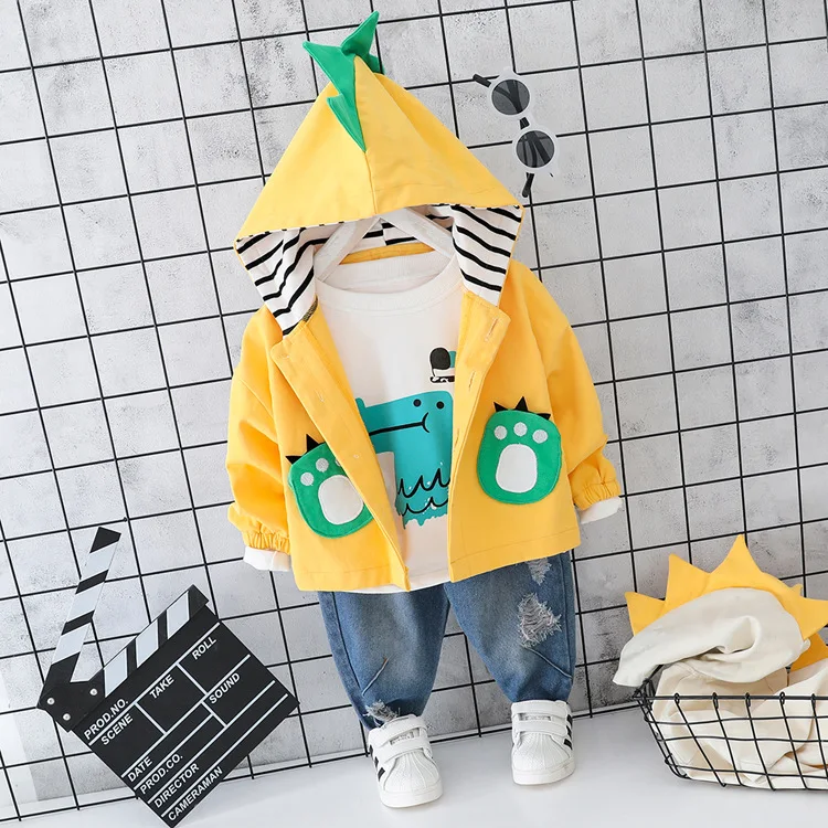 Одежда для маленьких мальчиков хлопковый костюм из трех предметов Повседневный Спортивный комплект с рисунком для малышей, одежда для маленьких мальчиков Теплый свитер с капюшоном, костюм - Цвет: Цвет: желтый