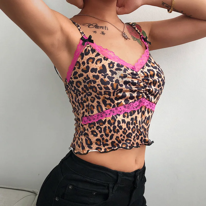 Women’s Fashion Leopard Camisole Summer Sexy Bow Lace Edge V-neck Slimming Cami Top Ladies Wild Casual Street Party Clubwear half camisole