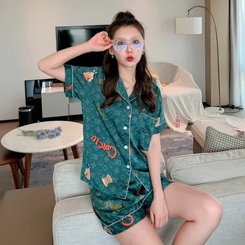 

Thin Ice Silk Women Cool Noble Casual Lounge Negligee Spring And Summer New Strawberry Short-Sleeved Ladies Pajamas Home Clothes