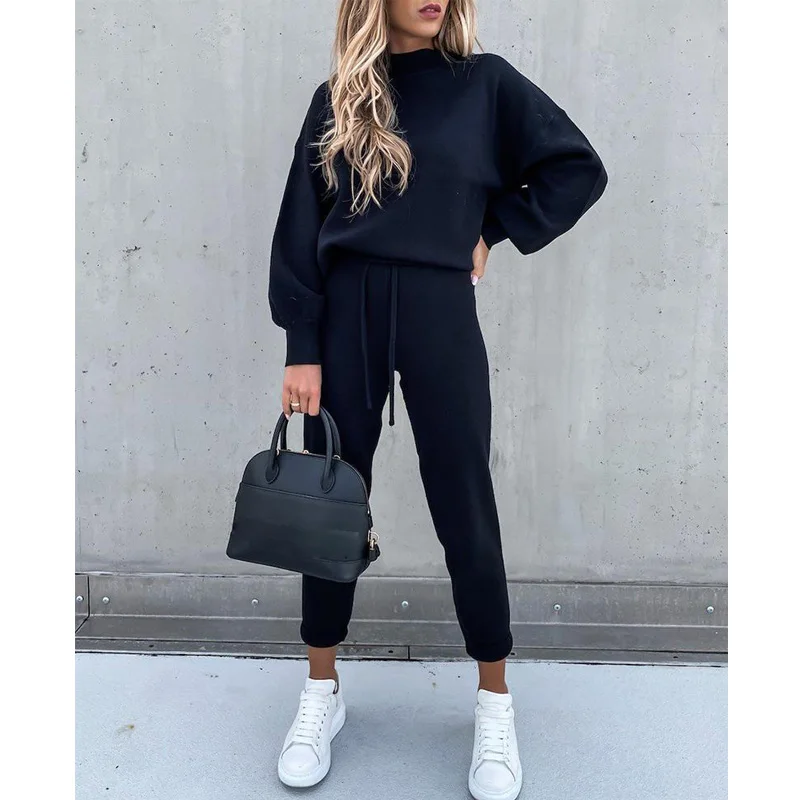 

Women 2 piece set Tracksuit Outfits 2020 Plain Lantern Sleeve Top & Drawstring Pockets Design Pants Set
