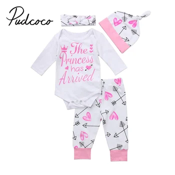 

Pudcoco Baby Girls Spring Clothes Set Newborn Infant Long Sleeve Romper Arrow Pants Hat 4pcs Outfit Set for Age 0 to 24 Months