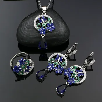 

Blue Enamel Flower Silver 925 Jewelry Set Sapphire Earrings Ring Pendant Necklace For Women Birthday Gift