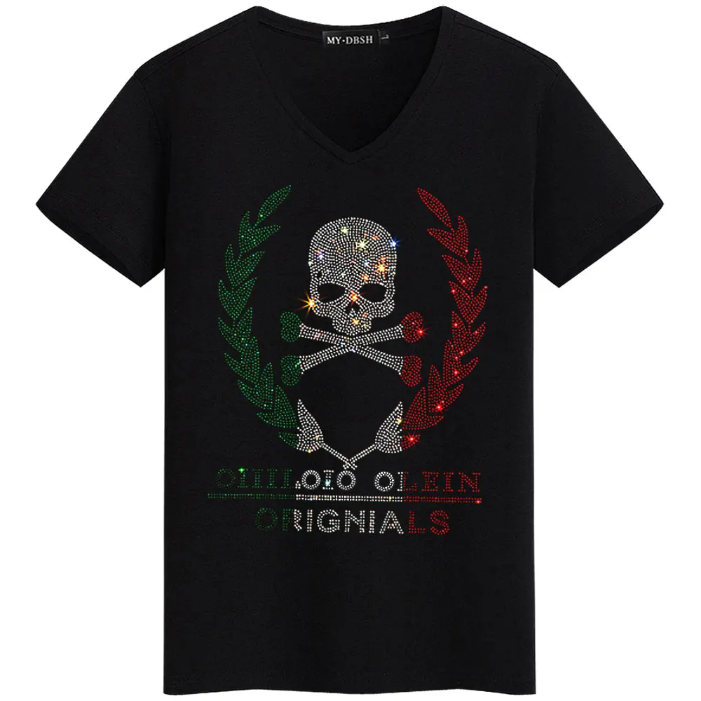 Летние мужские футболки с коротким рукавом с блестящим черепом, горячая буровая Футболка мужская повседневная футболка с черепами азиатского размера - Цвет: T009-V-Black