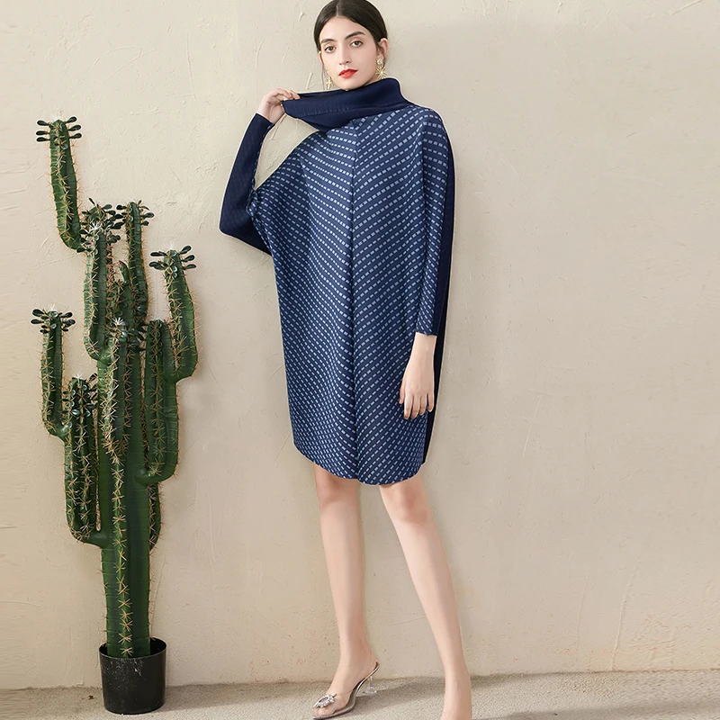 

miyake pleated design long sleeve dress 2021 autumn fashion slim bat plus size ruched dress for woman