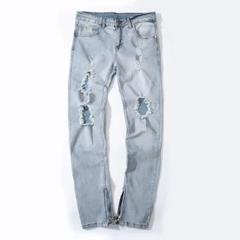 

2020 young man hole in light color jeans stretch leg open little cowboy pants zipper cultivate one's morality