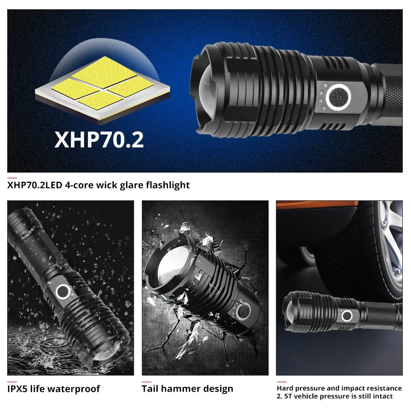 Portable XHP70.2 LED Flashlight Tactical Waterproof Torch 5 Lighting modes Zoom built in lamp use 26650 battery USB Rechargeable
