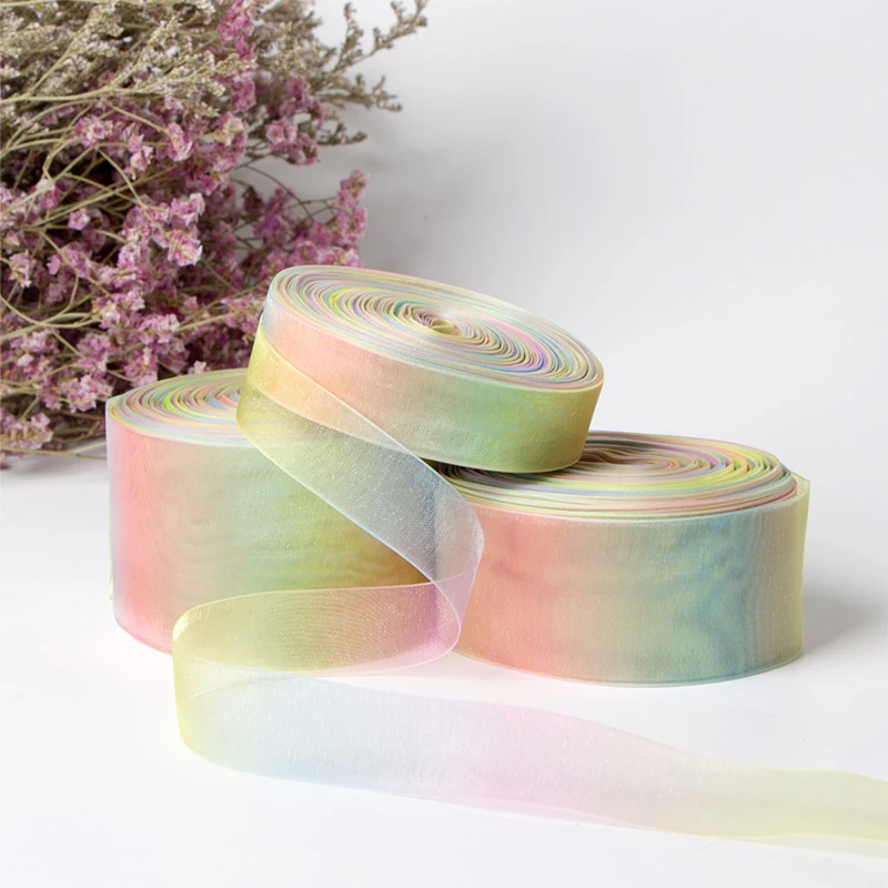 5 Yards/Roll 6 9 16 19 25 38mm Gradient Colors Rainbow Printed Organza Ribbon for Hair Bows DIY Handmade Materials Gift Wrapping organza ribbon,ribbon supplies,wrapping ribbon,ribbon decoration