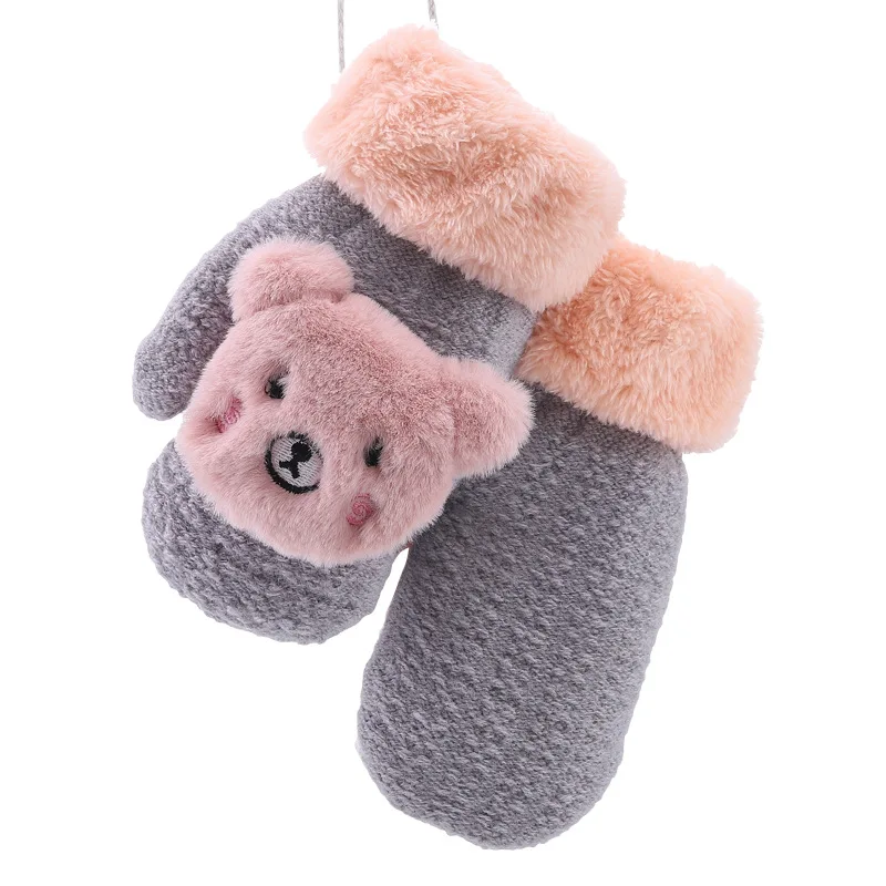 bear 1 gray Детские перчатки с динозавром из мультфильма; теплые шерстяные перчатки с милыми животными; зимние аксессуары для мальчиков и девочек - Цвет: bear 1 gray