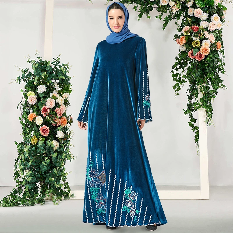 blue dress Siskakia вельветовое длинное платье с вышивкой, черное, плюс размер, круглый вырез, длинный рукав, платья, зима, мусульманская женская одежда - Цвет: blue dress