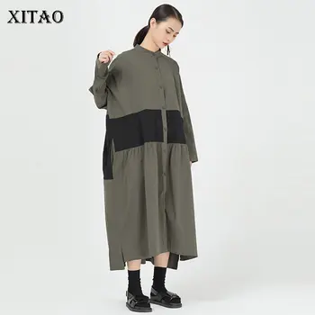 

XITAO Tide Hit Color Pleated Plus Size Dress Women Clothes 2020 Fashion Spring Patchwork Stand Collar Full Sleeve Dress XJ3498
