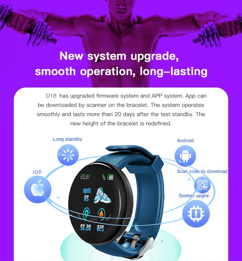 Новинка D18 Bluetooth Смарт-часы браслет пульсометр кровяное давление фитнес-трекеры водонепроницаемые спортивные умные часы Прямая