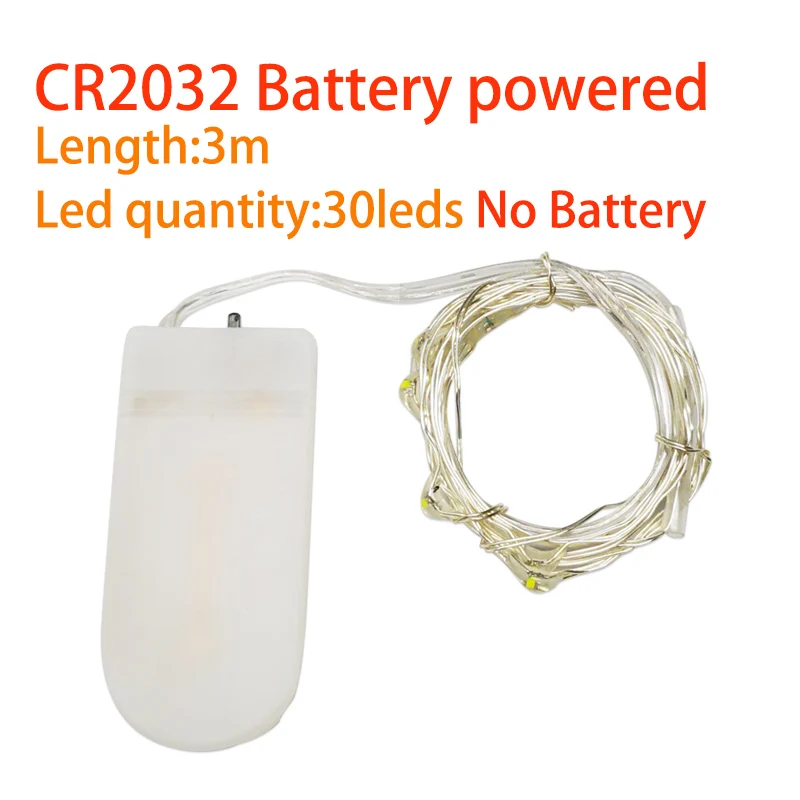 CR2032 String 3M Серебристая проволока гирлянда 1 м 2 м 3M 5 м 10 м 12 м батарея работает Водонепроницаемый Рождество открытый Свадебная вечеринка Декор - Испускаемый цвет: CR2032 String 3M