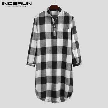 

INCERUN Fashion Plaid Sleep Robes Men Long Sleeve V Neck Sleepwear Leisure Loose Cotton Knee Length Lattice Nightgrown Plus Size