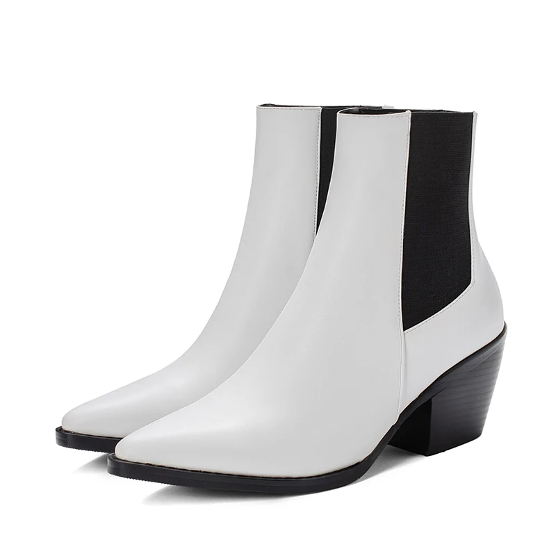 Осенние ботильоны; женские ботинки из искусственной кожи на высоком квадратном каблуке в западном стиле; модные зимние полусапожки с острым носком на молнии; женская обувь - Цвет: white