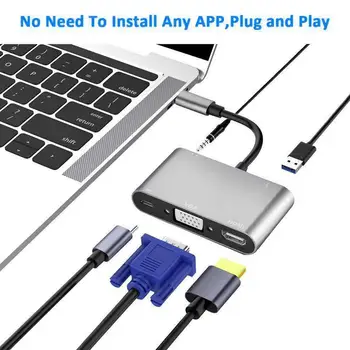 

Type C Adapter 5-In-1 3 Usb Type C Hub To Hdmi Vga 3.5 Mm Jack Usb Adapter With Type-C Power Delivery