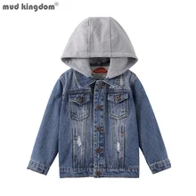 Mudkingdom-chaqueta vaquera con capucha extraíble para niños y niñas, abrigos vaqueros con bolsillo rasgado, prendas de vestir exteriores, Tops