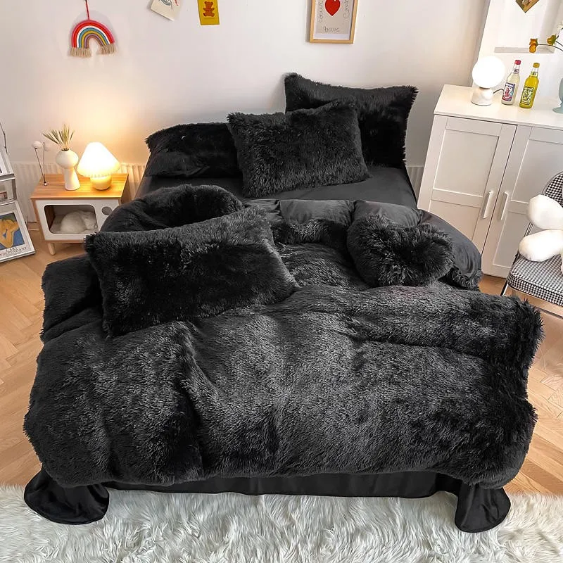 

Black Plush Shaggy Duvet Cover Twin Queen King US Cal King 4/7Pcs Fluffy Zipper Bedding set Bed sheet Pillow Shams Soft Velvet