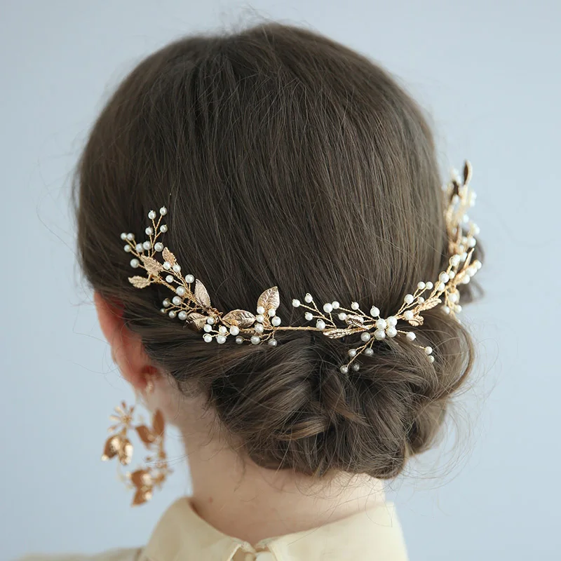 Anniversary Party Jewelry Headband Golden Leaf Bridal Hair Comb Accessories Wedding Side Combs With Pearl