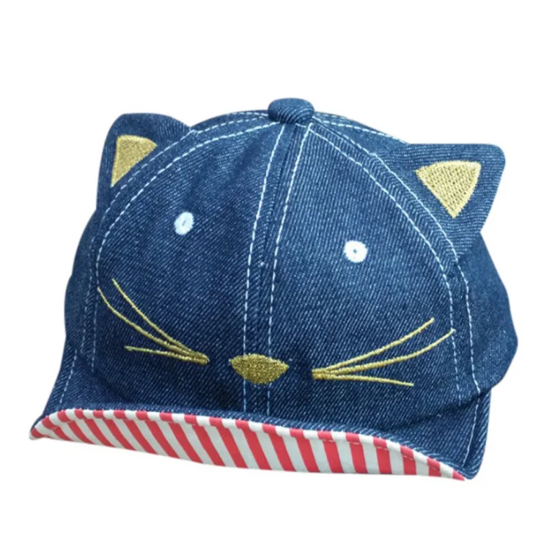Baby Photography Cartoon Caps Cat Boy Girl Embroidered Striped Baseball Caps Denim Cowboy Hats - Цвет: Deep Blue