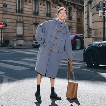 Зимнее длинное женское Шерстяное Пальто с роговыми пуговицами, женское синее пальто с капюшоном zZZa manteau, шерстяное длинное женское пальто размера плюс, мода