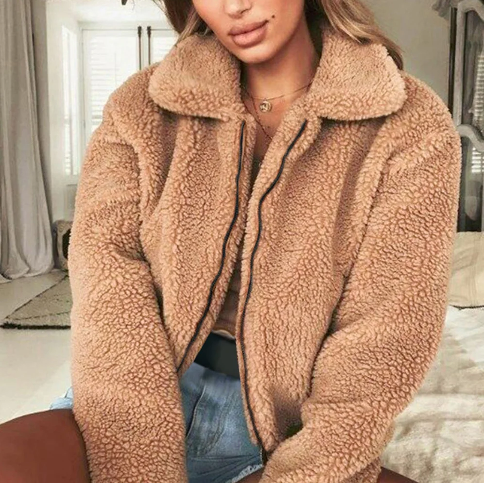 Silver Zipper Lapel Sweatshirt Fleece Fur Coat Women Autumn Winter Warm Soft Jacket Thick Plush Fur Coat Short Top Outerwear