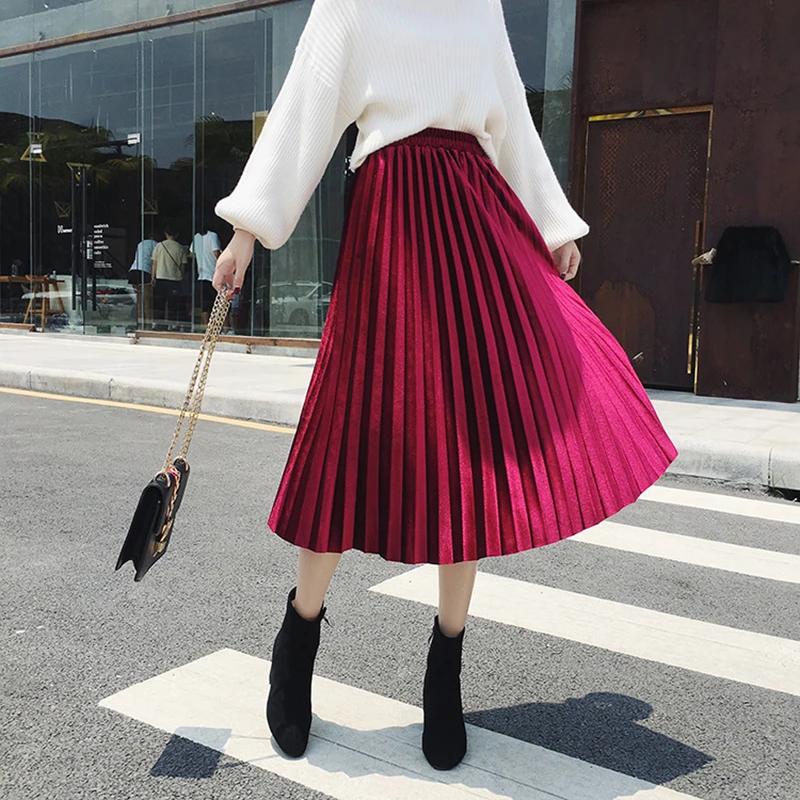 Elegant Women's Pleated Velvet Skirt Long Plus Size Maxi Waving Jupe Fashion Ladies Burgundy Skirts Hot