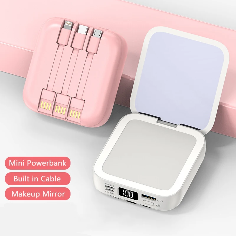 

20000mAh Mini Power Bank With Micro USB Type C Cable Portable Charger Makeup Mirror Powerbank External Battery Pack Power Bank