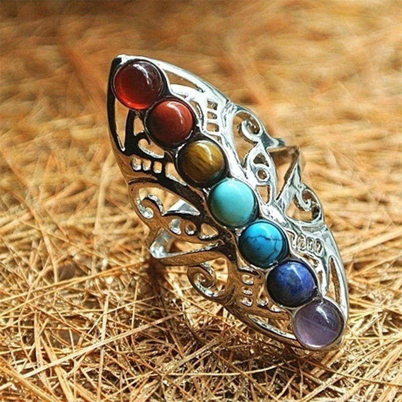 7 Chakras Beads Rings Vintage Hollow Silver Color Plated Yoga Tiger Eyes Stone Adjustable Open Ring Boho Ethnic Jewelry