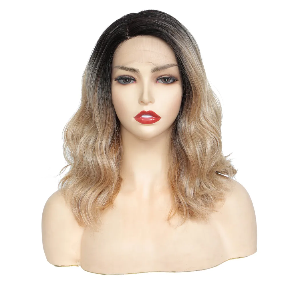 Frente do Laço Perucas para Mulheres Resistente ao Calor Peruca de Renda Ombre Loira Brancas Ombro Onda Natural Bob Peruca X-tress Parte Lateral Sintética 5 X-TRESS resistente ao calor parte lateral peruca de renda sintética