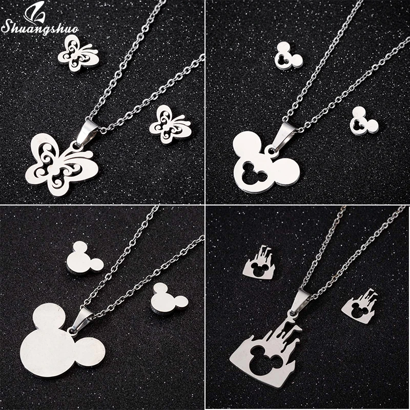 

Shuangshuo Femme Mickey Butterfly Jewelry Necklace for Women Girls Stainless Steel Cartoon Animal Stud Earrings Set Accessories