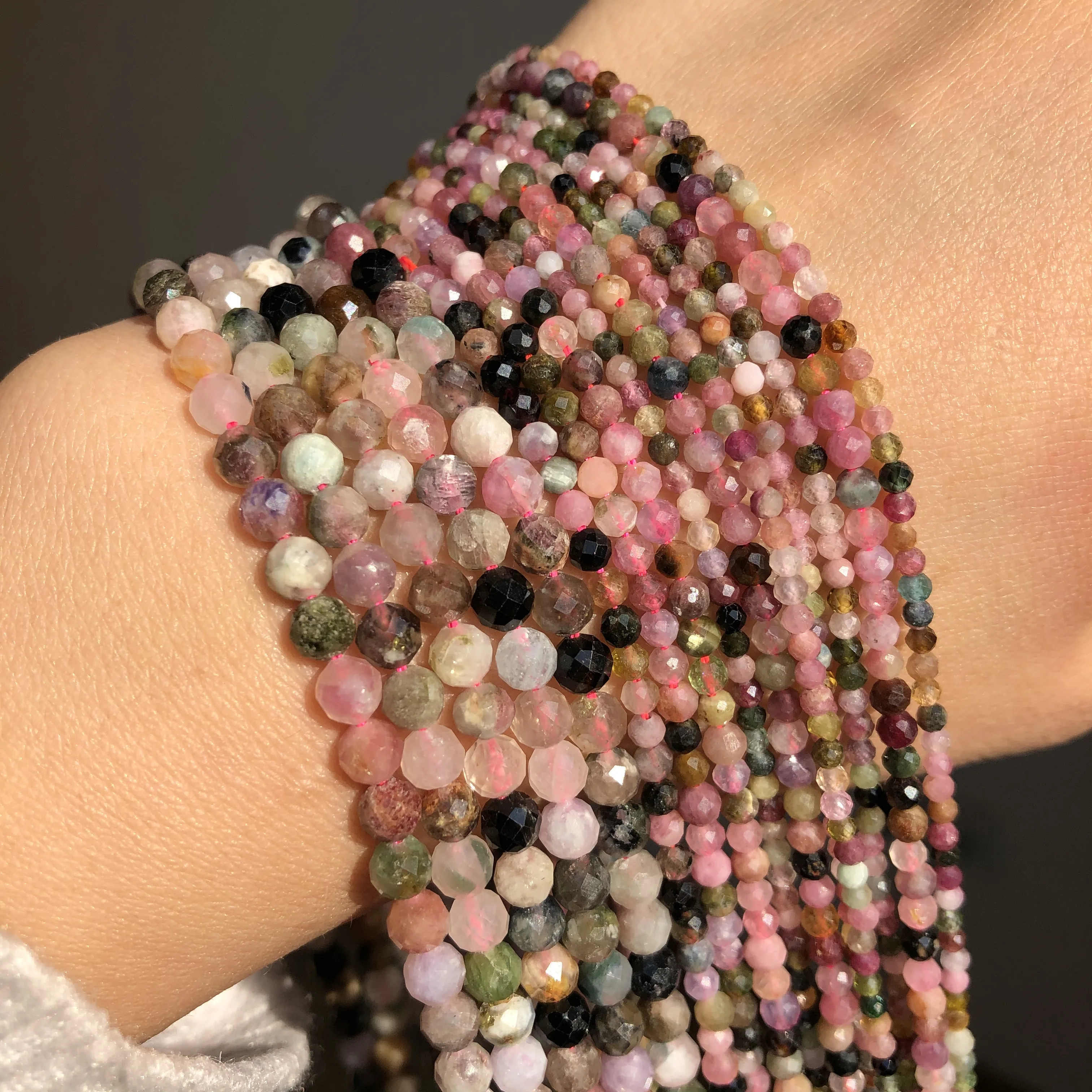 Loose Stone Beads Natural Faceted Colorful Tourmaline Stone Beads Round Loose Spacer Bead for Jewelry Making DIY Bracelet Accessories 15'' 2 3 4mm