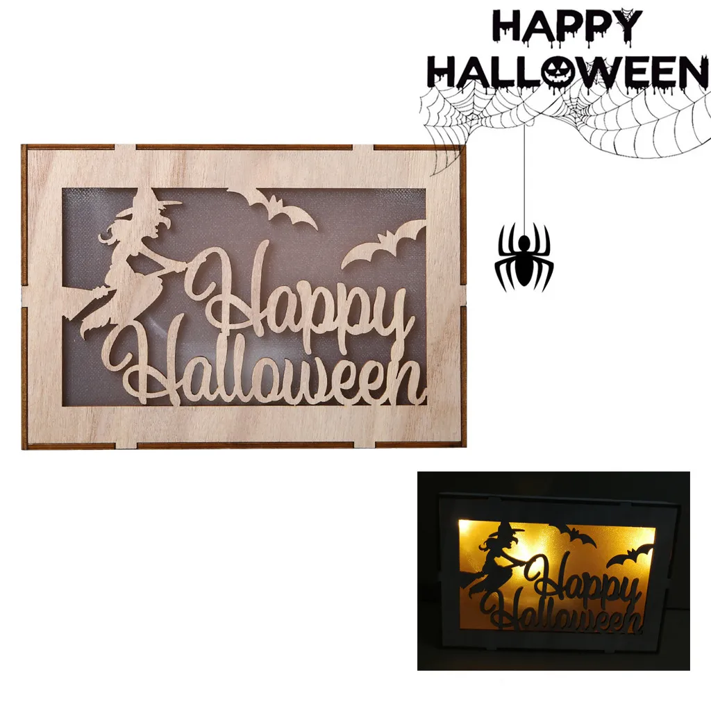 E Halloween Hanging Decoration Crafts Wooden Pumpkin Haunted House Pendant LED Night Light Halloween Home Decor Clever Party Decor - Цвет: E