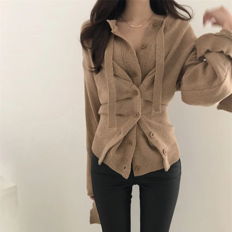 

Solid Loose Irregular Waist-Controlled Korean women Slim Cardigan Female Fresh Knitted Basic Chic Stylish All-Match Sweaters