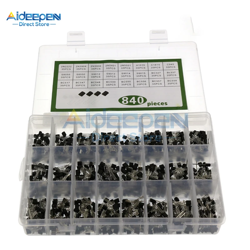 

840Pcs/Set 24Values TO-92 Transistor Assortment Kit BC327 BC337 BC547 Transistor 2N2222 3904 3906 C945 PNP/NPN Transistors Pack