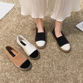 

Doug Female shoes 2020 new Han edition Add wool flat womens shoes Small sweet wind Round head Color matching Maomao shoes