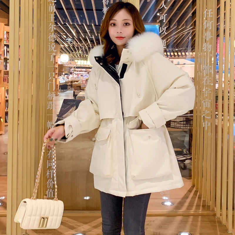 Новая зимняя куртка, Женская Толстая теплая парка с капюшоном, Дамское длинное пальто с подкладкой, женская пуховая стеганая куртка, белая пуховая куртка - Цвет: White