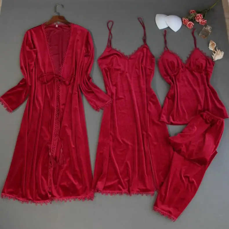 Новинка, бархатный халат для женщин, домашняя одежда, зимняя теплая Пижама на подтяжках, сексуальное кимоно, мягкая Домашняя одежда, комплект из 4 предметов, Розовая домашняя одежда - Цвет: Красный